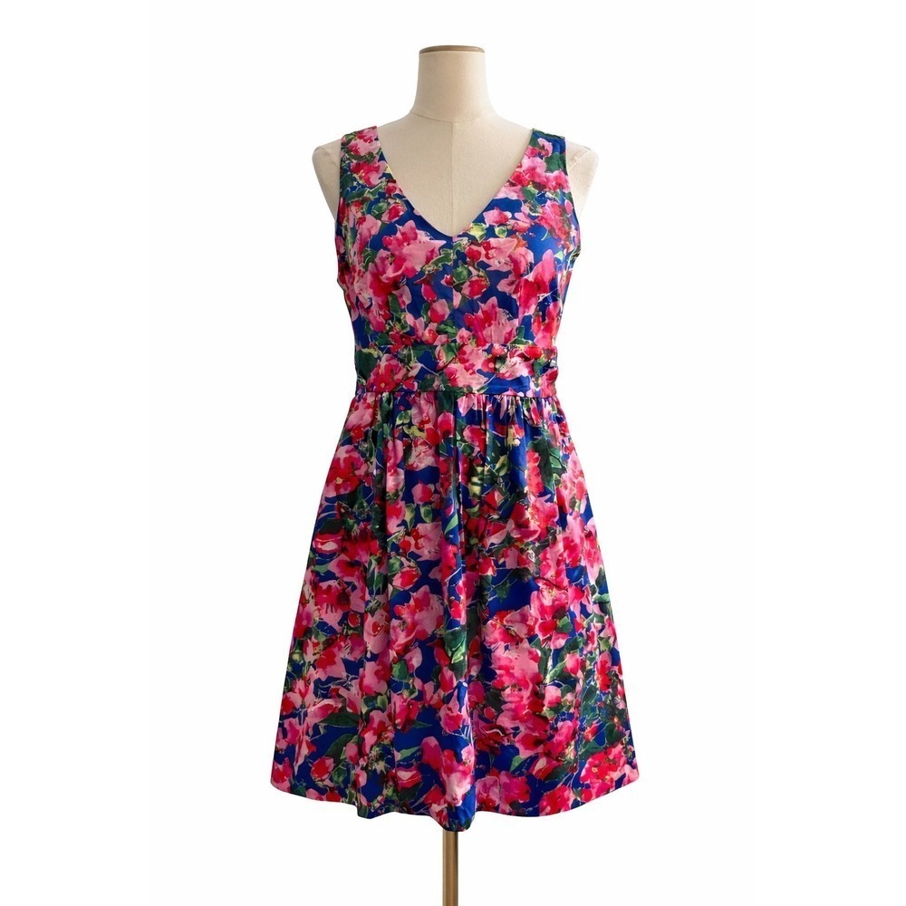 Milly Floral Fit Flare Dress Size 6 Blue Pink Cotton Wedding Guest Gold Zip